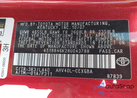 2008 Toyota Camry Hybrid z USA, uszkodzony, nr VIN 4T1BB46K28U043788